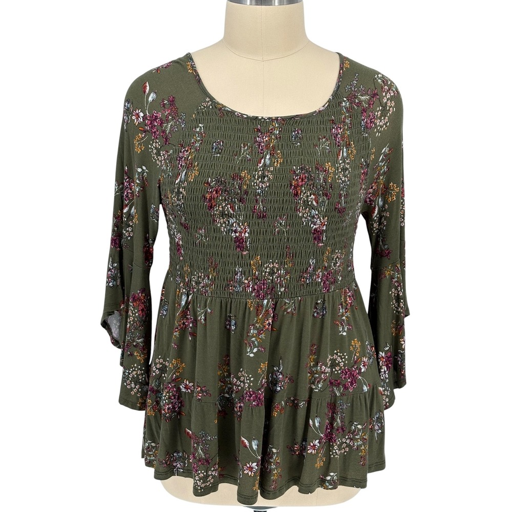 Time and Tru Peplum Top Olive Green Floral Smocked Bell Sleeve XXL